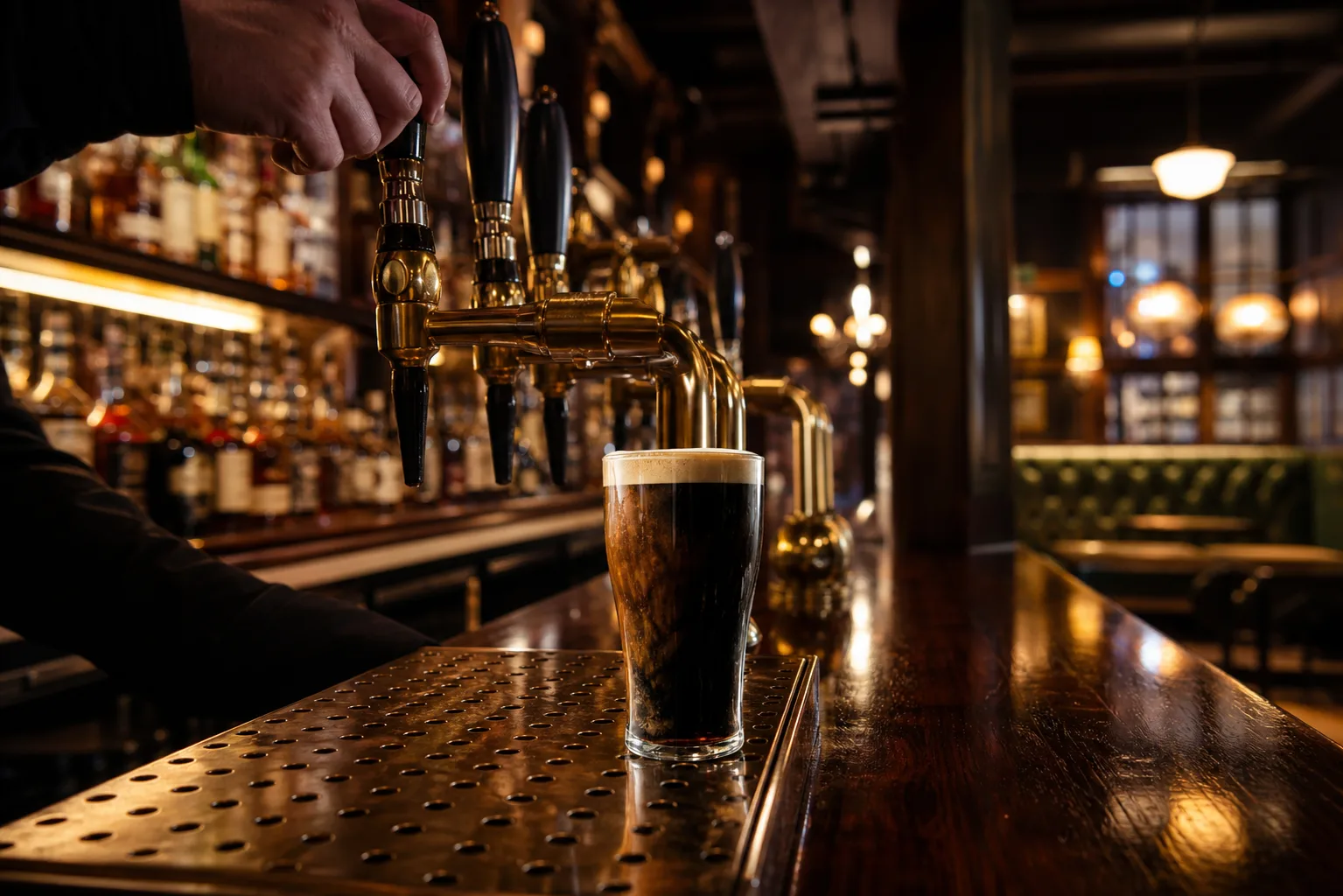 Pinte servie au bar du pub irlandais Brennan's Snug