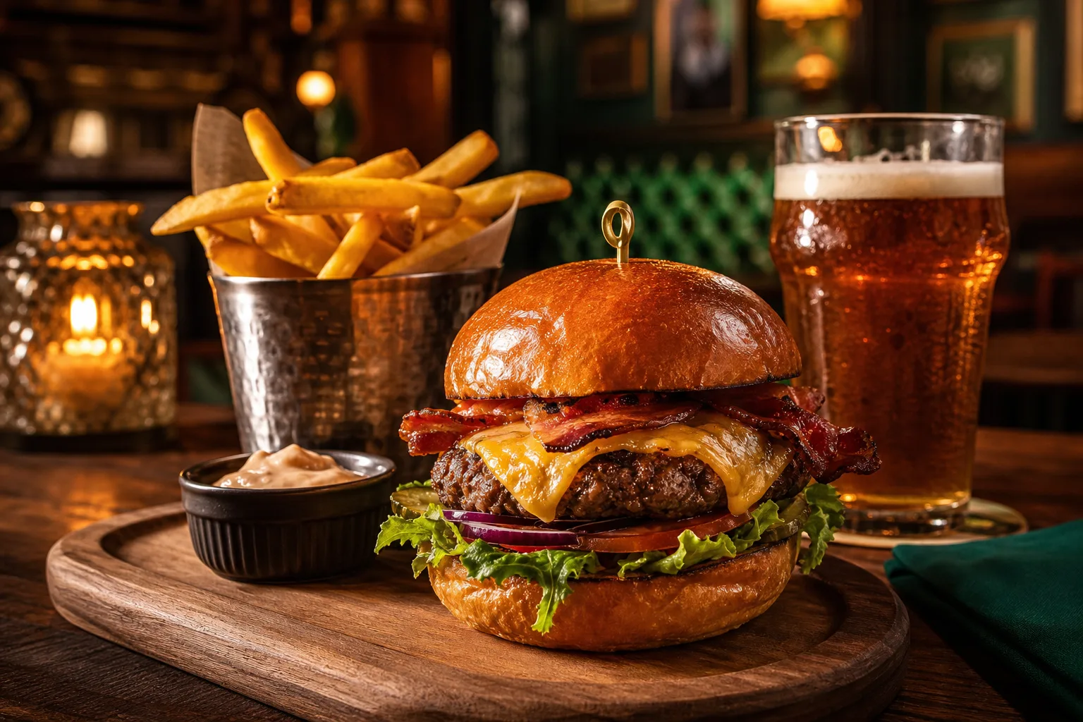 Burger et pinte sur table de pub