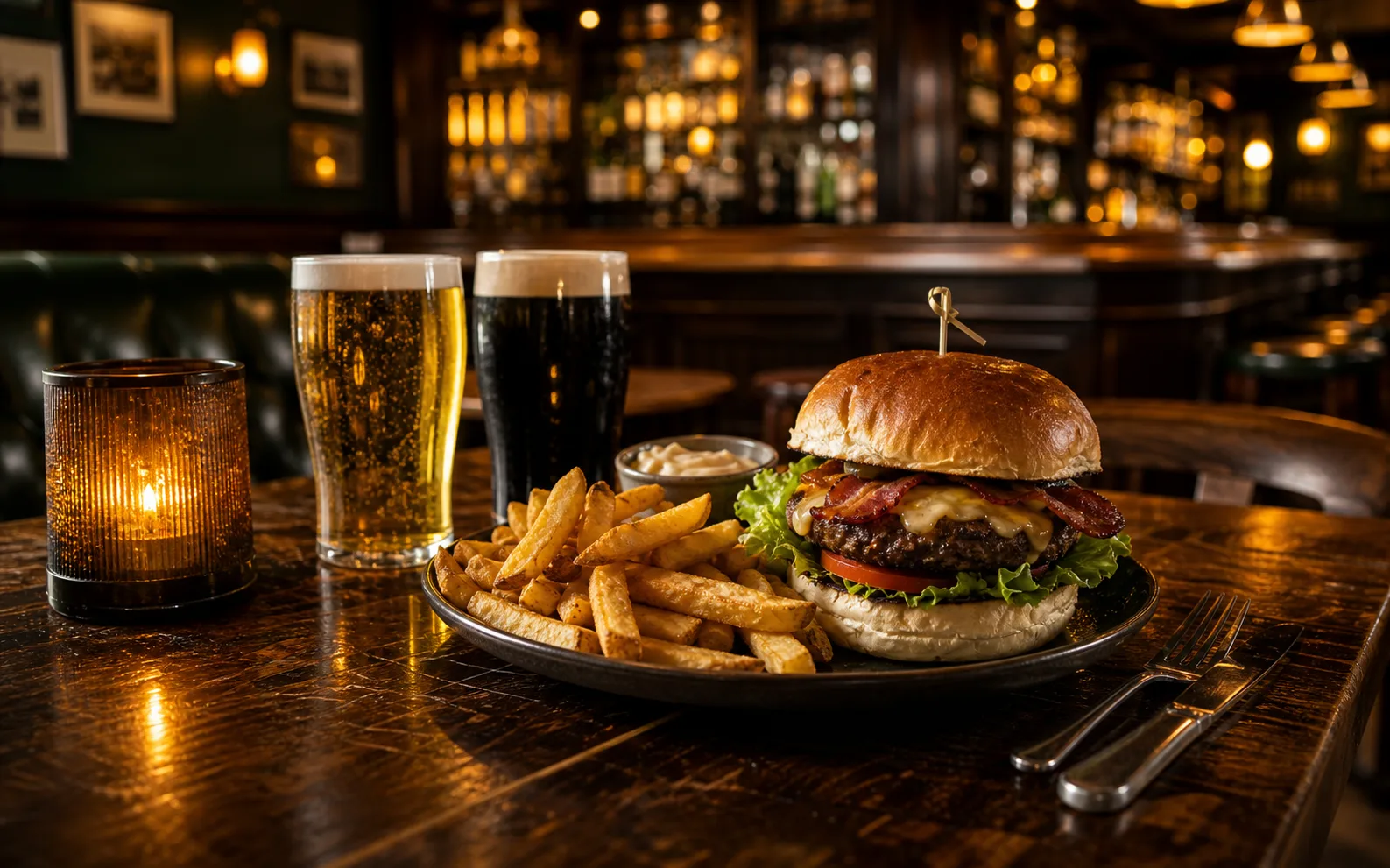Table Brennan's Snug avec burger et pintes